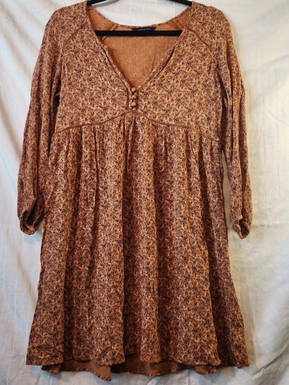 American Eagle Floral Crinkle Gauze Babydoll Mini Dress Size S Rust Orange Long